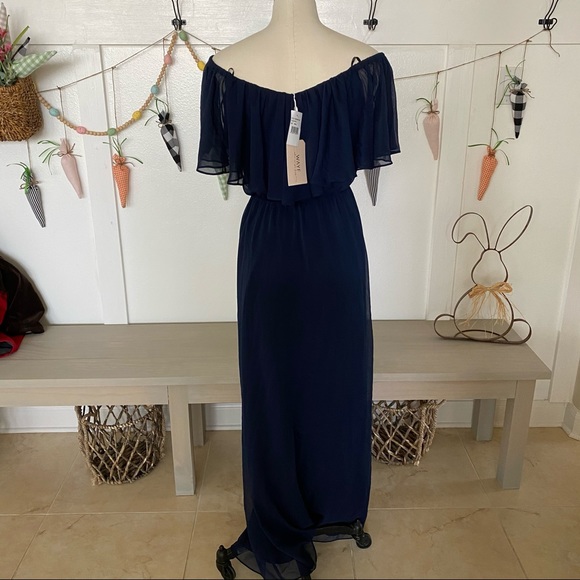 NEW Wayf Off The Shoulder Ruffle Popover Navy Gown - Picture 3 of 12